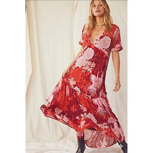 Free People Red XS Floral Boho Maxi Dress